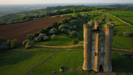 broadway tower in worcestershire england countryside - trees, ancient, fields, tower, grass, folly