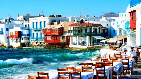 restaurant in a seaside greek town - waves, sea, town, restaurant