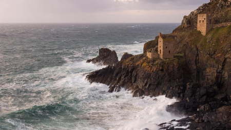 ruins on a rugged coastal cliff - surf, coast, cliffs, waves, sea, ruins