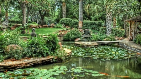 exotic lily pond in a garden hdr - garden, pond, lilies, trees, hdr