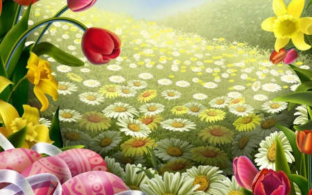 EASTER FLOWER FIELD - FIELD, FLOWER, WALLPAPER, EASTER