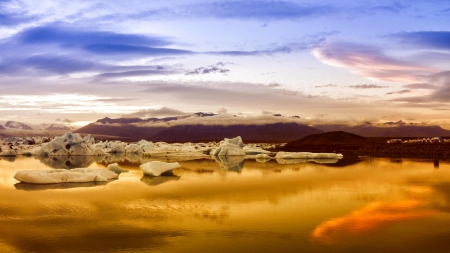 icebergs in icelandic bay at sunset - clouds, sunset, icebergs, bay