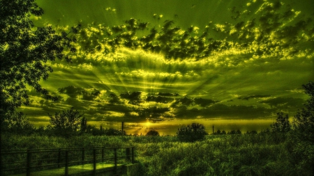 amazing morning sky in green hue hdr - beams, sky, clouds, bridge, sunrise, hdr, grass