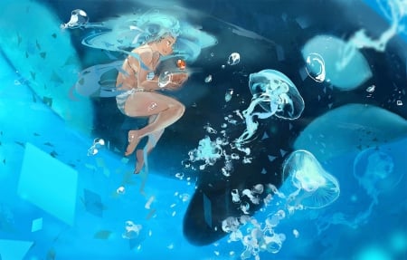 Just to be with you! - nice, beauty, female, magic, music, water, twintail, singer, anime girl, fantasy, underwater, pretty, cool, anime, miku, cute, hatsune miku, ocean, blue eyes, long hair, dream, blue hair, vocaloid, bikini, beautiful, fish, animal, sweet, awesome, smile, qualle, lights