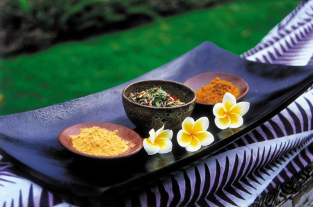 Spices and Flowers Bora Bora - vibrant, paradise, tray, bora bora, food, plumeria, frangipani, tropical, exotic, colours, island, spices, spa, flowers, retreat, flower, tahiti