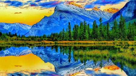 superb nature landscape hdr - lake, forest, reflection, clouds, mountain, blue, hdr