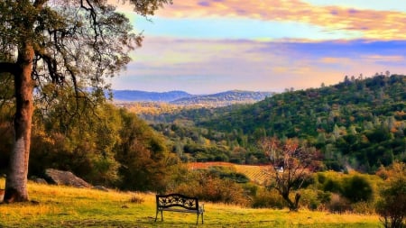 peace in the valley hdr - fields, valley, farm, hills, trees, bench, hdr