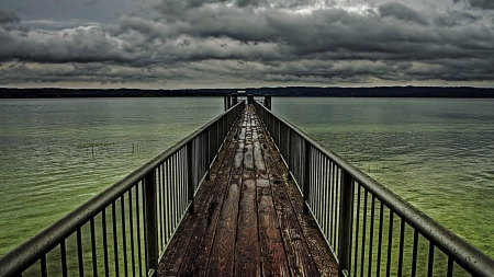 lovely pier hdr - pier, lake, clouds, hdr, green hue, rail