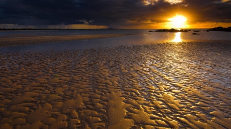 sunset on a rippled beach - beach, dark, ripples, sunset, sea