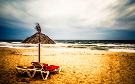 A Nice Place To Relax - ocean, beach, sky, chairs, waves, bright, nature, clouds, tan, blue, umbrella, sand