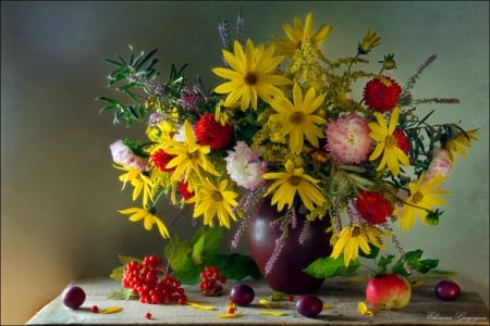 Still life - elegance, delicate, pretty, beautiful, flowers, bouquet, vase, harmony, still life, freshness, berries, lovely, colorful