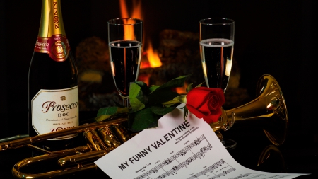 Valentine's Day - roses, for you, red rose, romantic, valentines day, romance, with love, still life, champagne, glasses, fireplace, rose