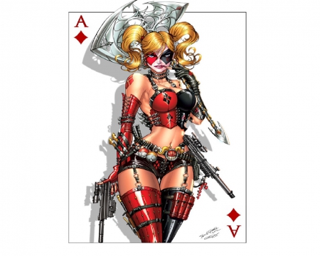 Harley Quinn - villian, ax, playing card, gun