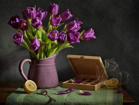 Still Life - flowers, vase, tulips, nature, purple tulips, photography, still life, lemon