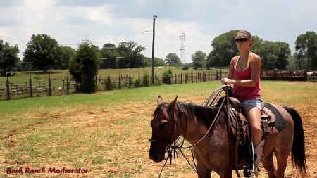 Cowgirl Barb - western, women, models, fences, ranch, cowgirls, outdoors, horses, rodeo, friends, photography, fields, female, trees