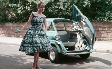 Two beauties - model, blonde, girl, dress, blue, retro, car, vintage, fence, tree, bmw600, woman, bmw