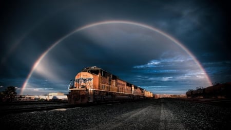 beautiful rainbow over a rail yard - train, tracks, rainbow, yard, dark