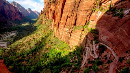 amazing angels landing in zion park utah - canyon, trail, cliff, vegetation, serpentine