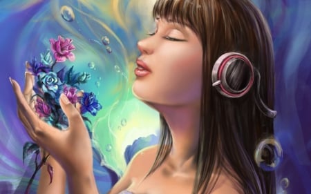 Emotion - girl, music, water, bouquet, fantasy, bubbles, art, pink, blue, headphones, flower