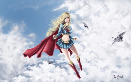 Supergirl - supergirl, comics, blue, girl, blonde, fantasy, red, woman, cloud, sky, DC