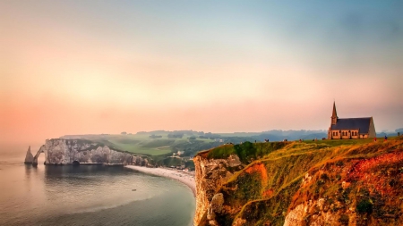 wonerful church on a seaside cliff - people, cliffs, coast, church, sea, mist