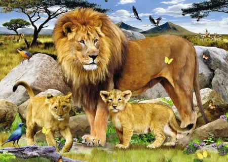 Lions pride - lions, trees, animals, pride, painting, art, wild, beautiful, family, desert, lioness