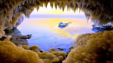 a salt cave in the dead sea - cave, sea, salt, drips