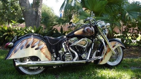 beautifully painted vintage indian motorcycle - trees, vitage, paint job, motorcycle, grass