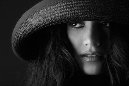 Black&black - woman, brunette, hat, model