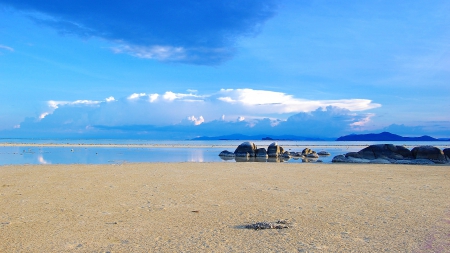 Peaceful Beach - morning, ocean, clouds, thailand, sand, rocks