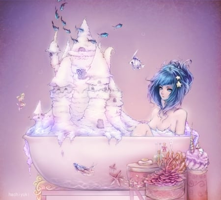 Dreamy Bath - fantasy, girl, bath, orginal, dream, castle