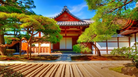 a lovely japanese pagoda house - trees, house, sand, pagoda, graden