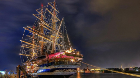 the beautiful sailing ship amerigo vespucci hdr - docks, sail ship, lights, hdr, night