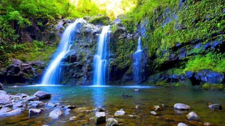 wonderful triple waterfalls - waterfalls, moss, pool, rocks