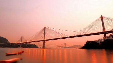 two fantastic bridges in orange - boats, bridges, narrows, dusk, orange