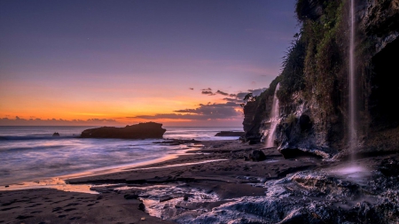 waterfalls on seaside cliffs at twilight - beach, cliff, twilight, waterfalls, sea