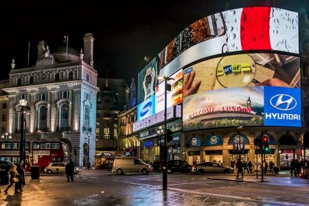 London - street, london, buildings, road, skyline, lanterns, city lights, splendor, city, architecture, lights