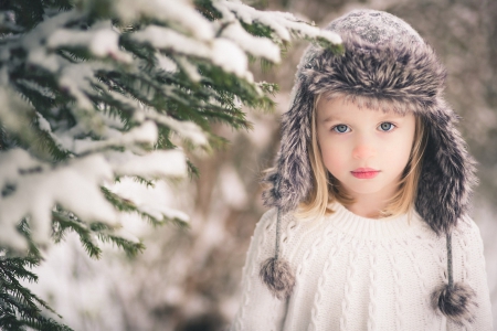 â™¥ - branches, girl, hat, winter, blond, child, snow, gray-eyed, tree