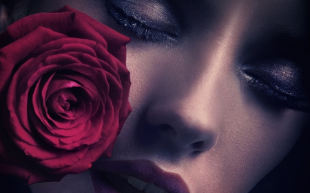 Beauty - make-up, red, model, girl, rose, beauty, face, flower