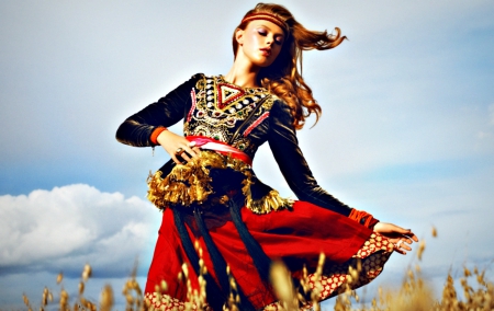 Frida Gustavsson - woman, sky, autumn, dance, girl, field, black, model, red, frida gustavsson, dress