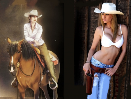 Cowgirl Fantasy - fun, models, female, cowgirls, fantasy, western, horses, abstract, beautiful, holsters, anime, guns