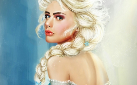 Elsa - blue, girl, blonde, snow queen, fantasy, frozen, painting, woman, elsa, art