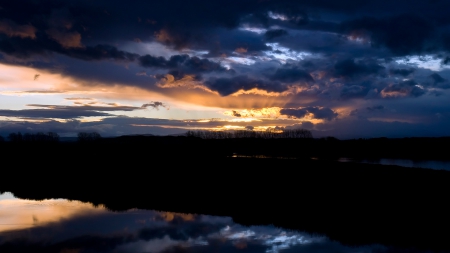 Dark Day Sunset - nature, silhouette, dawn, sunset, rivers