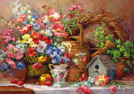 Garden medley - colorful, bouquet, still life, spring, medley, vase, painting, art, petals, leaves, flowers, birdhouse, apple, garden, harmony