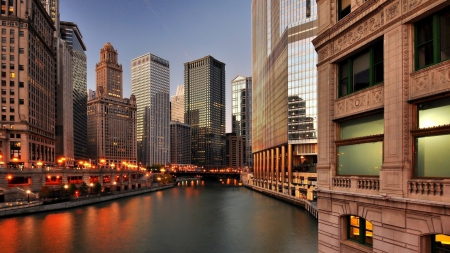 the chicago river through the city at dusk - river, city, dusk, skyscrapers, lights