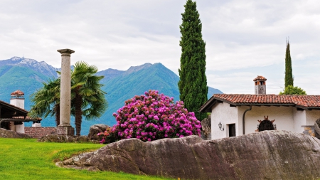 ancient pillar in a backyard in cypress - mountains, flowers, house, yard, pillar