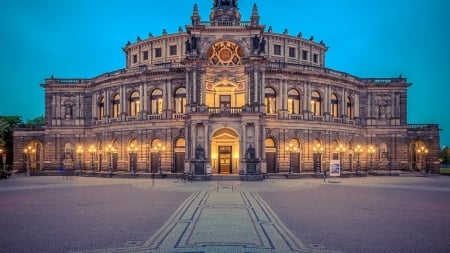 the dresden opera house in germany - square, lights, evening, cobblestones, building