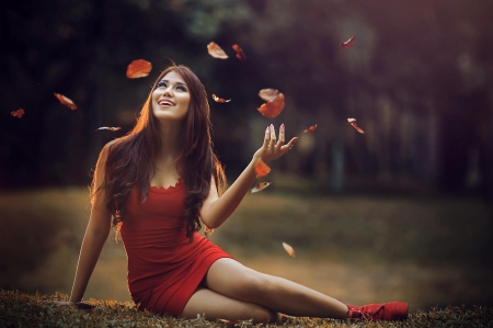 Fall is here - woman, model, beauty, leaf, leaves