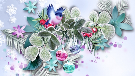 Winter Decorations - winter, snowflakes, bird, flowers, frost, leaves, christmas, blue, balls, decorations, snow, green