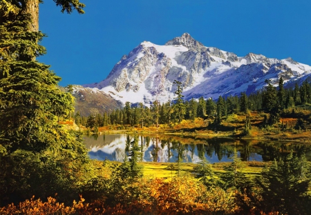 Snowy mountain peak - autumn, sky, trees, rocks, calm, reflection, snowy, cliffs, lake, landscape, mountain, hills, shore, lovely, peak, serenity, beautiful